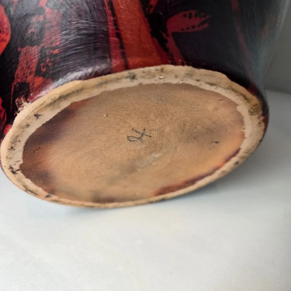 Vtg MCM Unique Art Deco Ceramic Large Balloon Vase‎ Red Brown Floral Pattern
